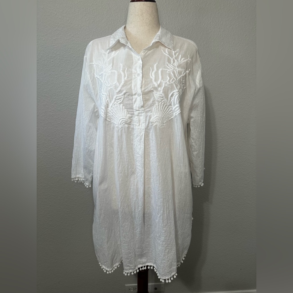 Antica Sartoria shell embroidery tunic with pom pom edge White Cotton